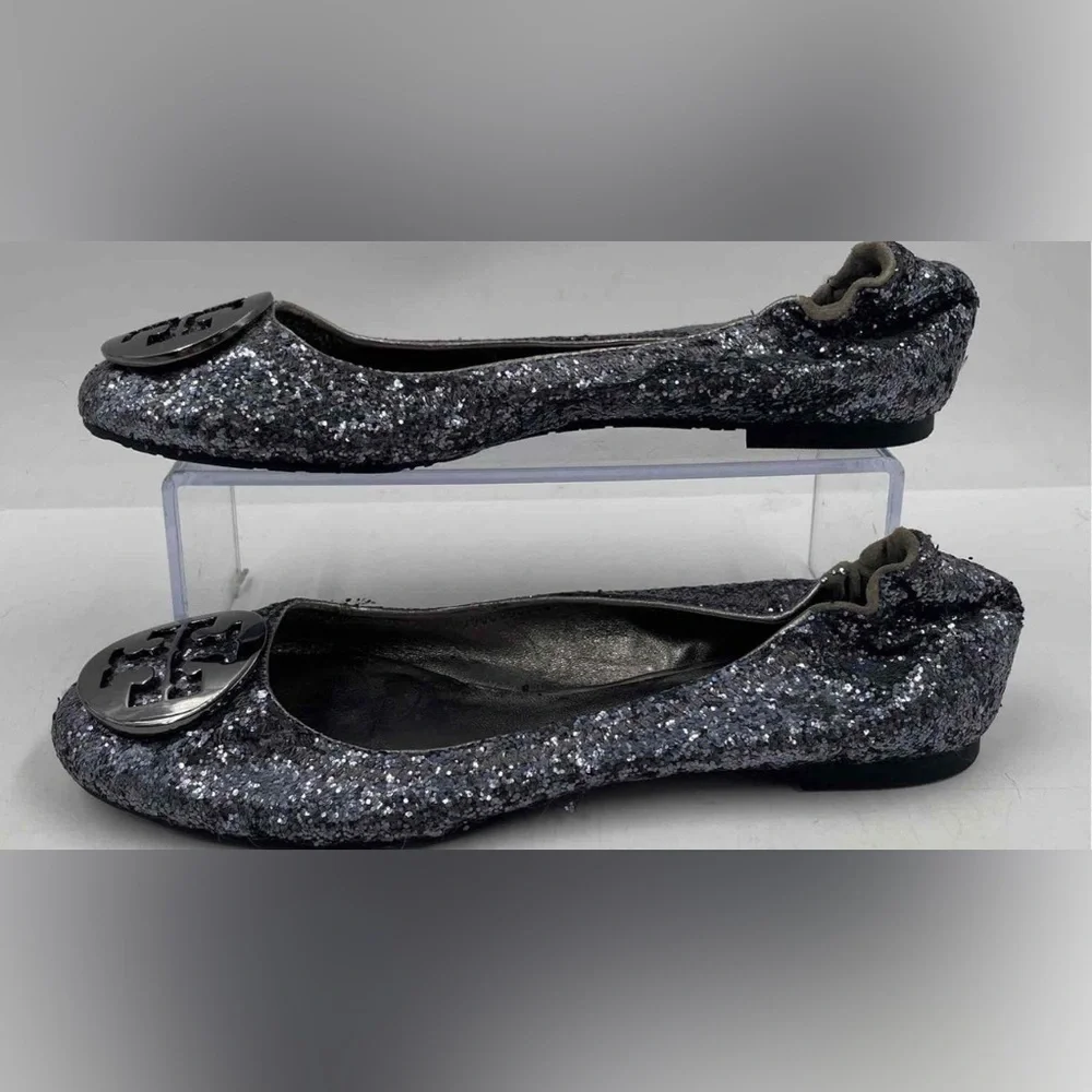 Tory Burch Black Glitter Reva Ballerina Flats Sz 7.5